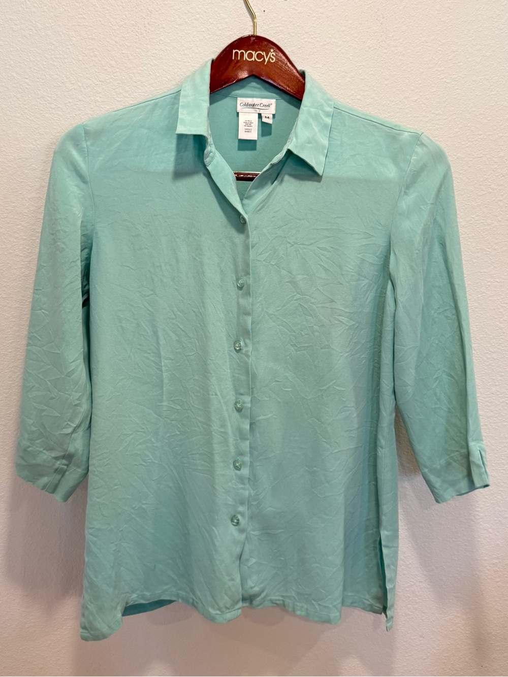Mint Silk Blend Blouse 3/4 Sleeve Button Up Shirt Size M